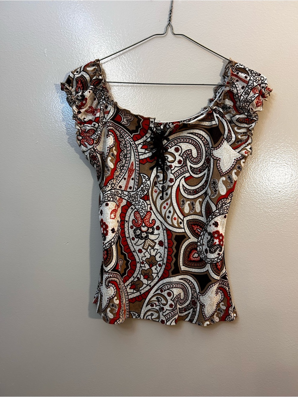 eye candy Paisley Lace-Up Cap Sleeve Blouse - Brown, Red & Cream